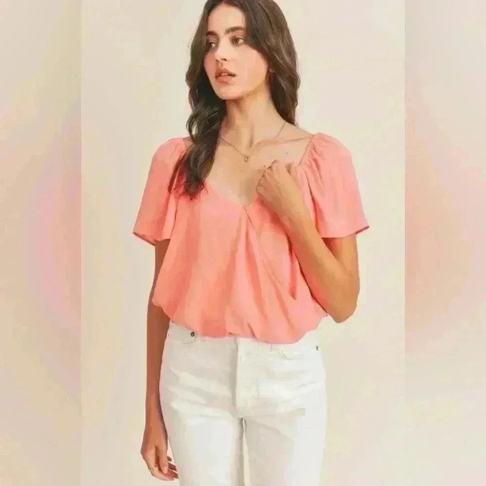 Lush Micaela Faux Wrap Blouse Coral Size L #141